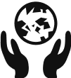 Silhouette of two hands holding a globe with visible continents, symbolizing environmental protection.